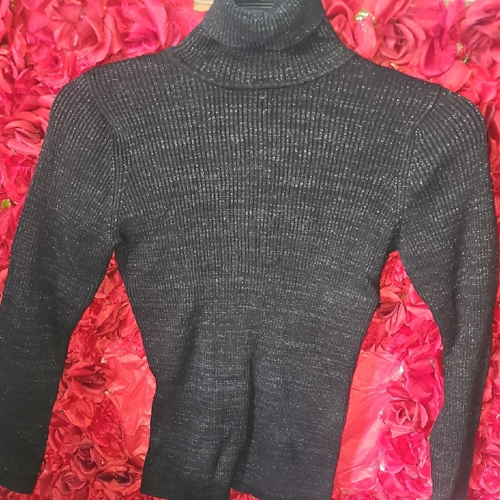 Basic Editions Women's Black Ribbed Sparkly Turtleneck Sweater Size Medium